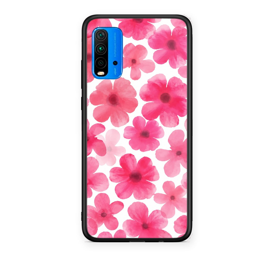 Θήκη Xiaomi Poco M3 Pink Watercolour Flowers on White από τη Smartfits με σχέδιο στο πίσω μέρος και μαύρο περίβλημα | Xiaomi Poco M3 Pink Watercolour Flowers on White case with colorful back and black bezels