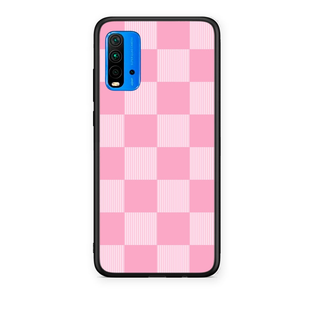 Θήκη Xiaomi Poco M3 Pink and White Striped Checks από τη Smartfits με σχέδιο στο πίσω μέρος και μαύρο περίβλημα | Xiaomi Poco M3 Pink and White Striped Checks case with colorful back and black bezels