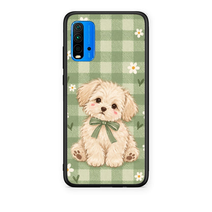 Θήκη Xiaomi Redmi 9T Puppy and Daisies on Sage Gingham από τη Smartfits με σχέδιο στο πίσω μέρος και μαύρο περίβλημα | Xiaomi Redmi 9T Puppy and Daisies on Sage Gingham case with colorful back and black bezels
