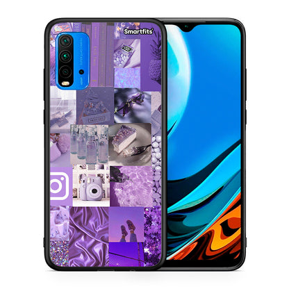 Θήκη Xiaomi Redmi 9T Purple Aesthetic Collage από τη Smartfits με σχέδιο στο πίσω μέρος και μαύρο περίβλημα | Xiaomi Redmi 9T Purple Aesthetic Collage case with colorful back and black bezels