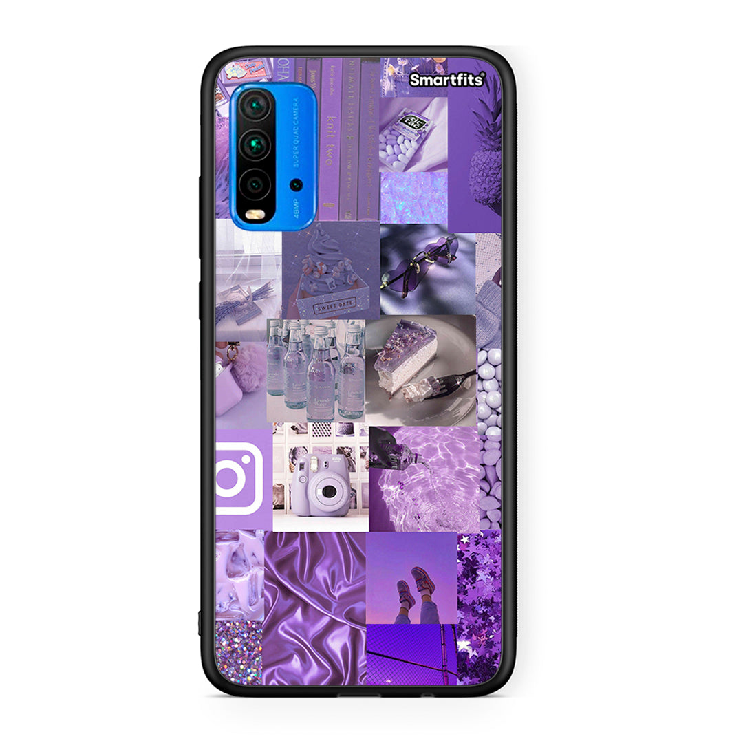 Xiaomi Redmi 9T Purple Aesthetic Collage θήκη από τη Smartfits με σχέδιο στο πίσω μέρος και μαύρο περίβλημα | Smartphone case with colorful back and black bezels by Smartfits