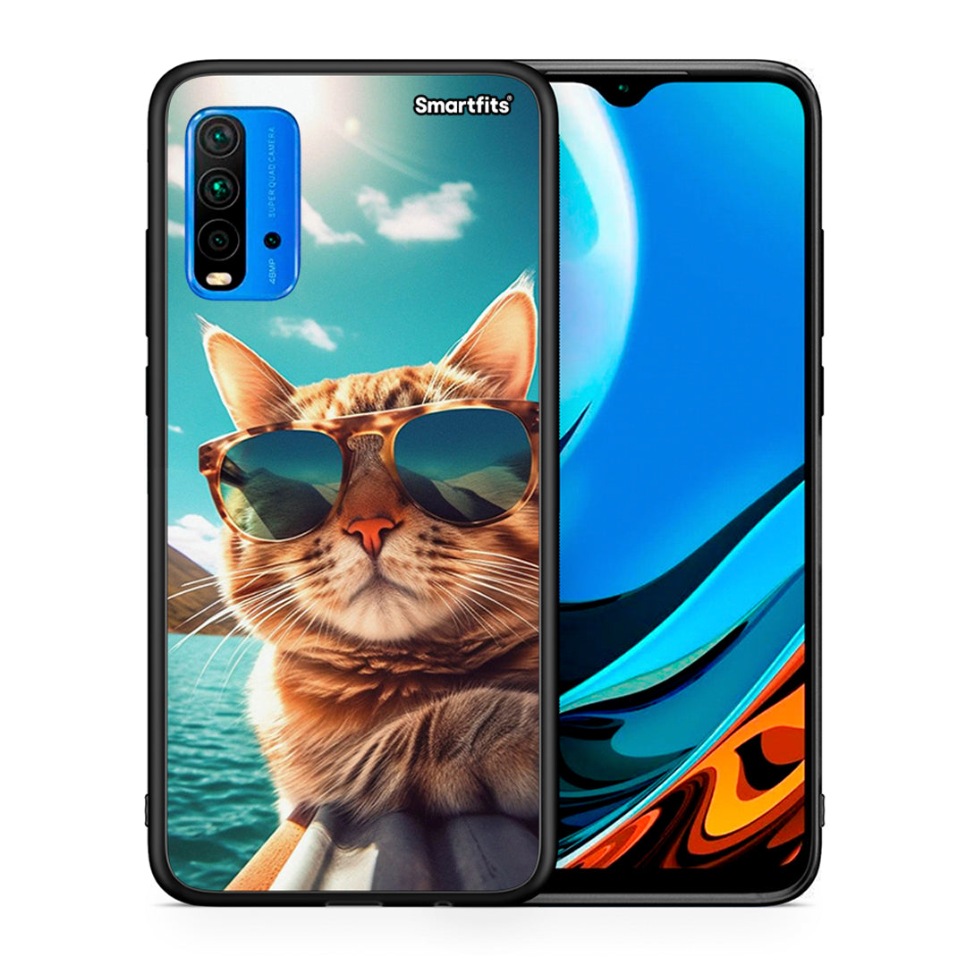 Θήκη Xiaomi Poco M3 Summer Cat από τη Smartfits με σχέδιο στο πίσω μέρος και μαύρο περίβλημα | Xiaomi Poco M3 Summer Cat case with colorful back and black bezels