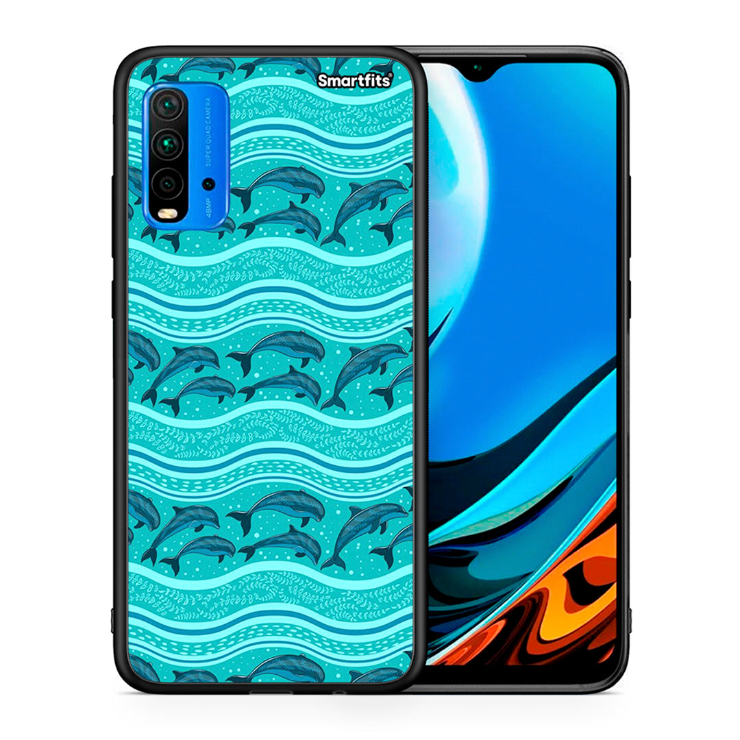 Θήκη Xiaomi Redmi 9T Swimming Dolphins από τη Smartfits με σχέδιο στο πίσω μέρος και μαύρο περίβλημα | Xiaomi Redmi 9T Swimming Dolphins case with colorful back and black bezels