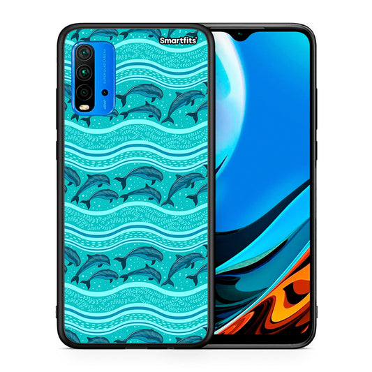 Θήκη Xiaomi Redmi 9T Swimming Dolphins από τη Smartfits με σχέδιο στο πίσω μέρος και μαύρο περίβλημα | Xiaomi Redmi 9T Swimming Dolphins case with colorful back and black bezels