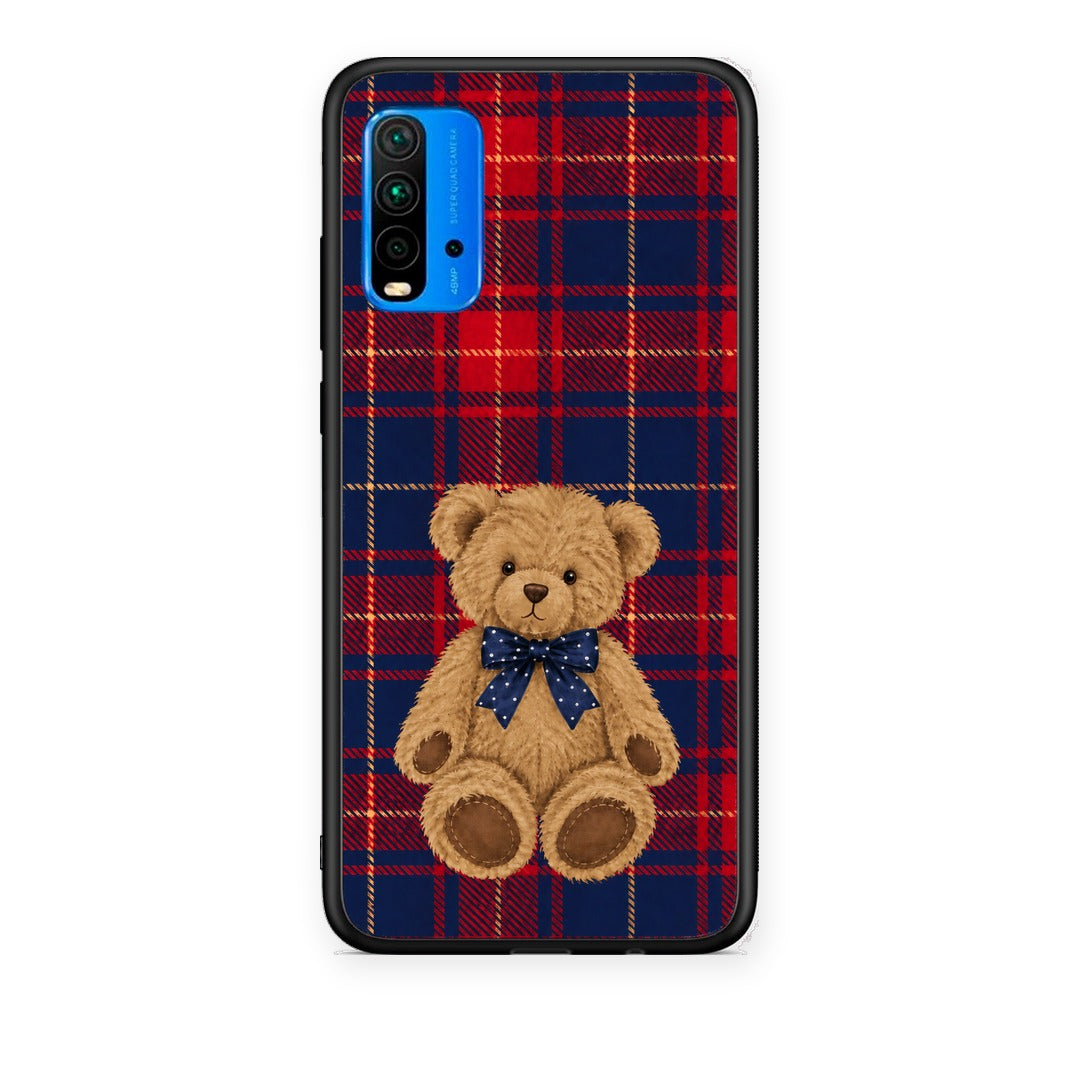 Θήκη Xiaomi Redmi 9T Teddy Bear on Red and Navy Tartan από τη Smartfits με σχέδιο στο πίσω μέρος και μαύρο περίβλημα | Xiaomi Redmi 9T Teddy Bear on Red and Navy Tartan case with colorful back and black bezels