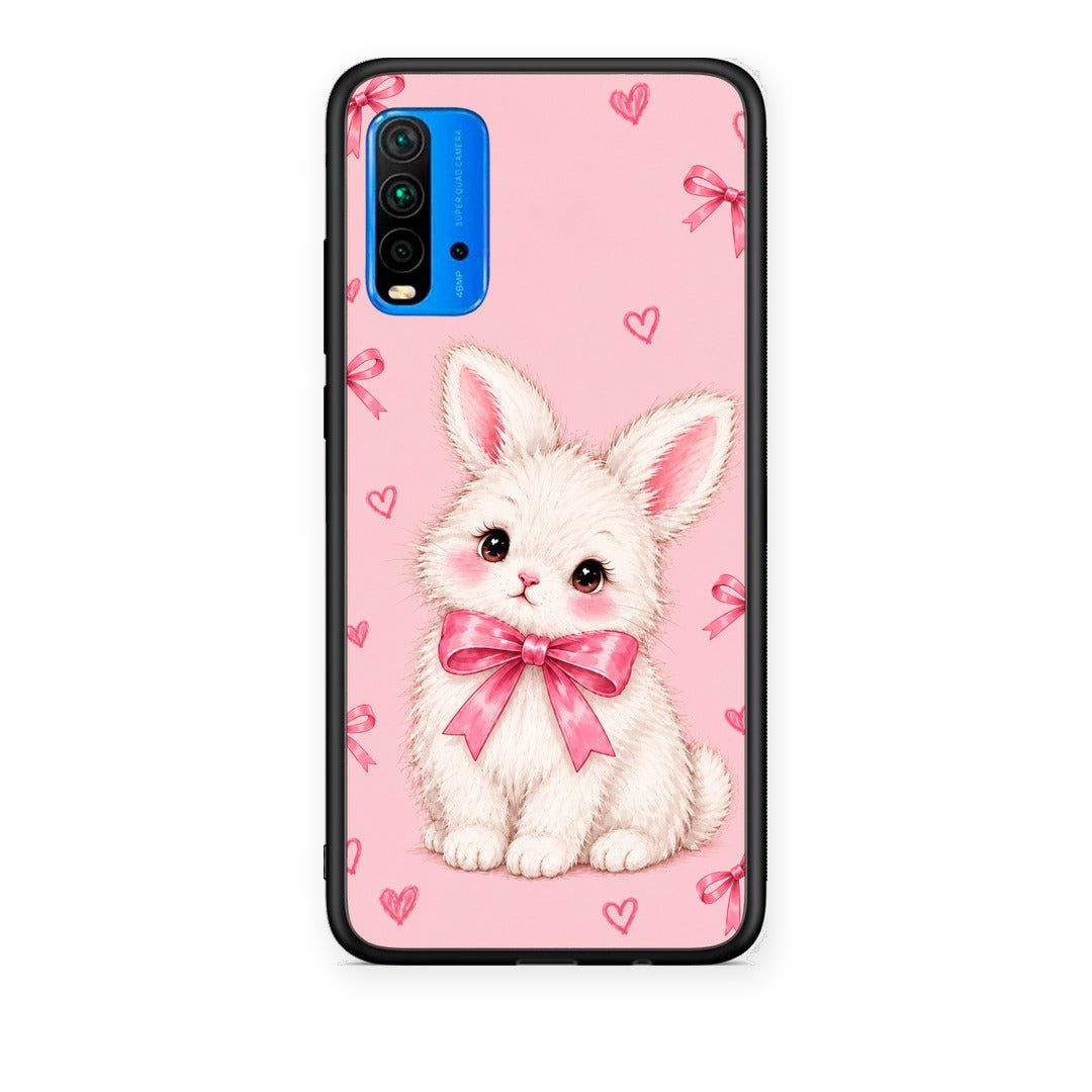 Θήκη Xiaomi Redmi 9T White Bunny and Pink Bows από τη Smartfits με σχέδιο στο πίσω μέρος και μαύρο περίβλημα | Xiaomi Redmi 9T White Bunny and Pink Bows case with colorful back and black bezels