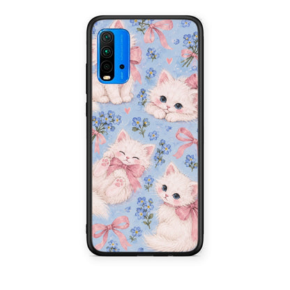 Θήκη Xiaomi Redmi 9T White Kittens and Blue Flowers Large από τη Smartfits με σχέδιο στο πίσω μέρος και μαύρο περίβλημα | Xiaomi Redmi 9T White Kittens and Blue Flowers Large case with colorful back and black bezels
