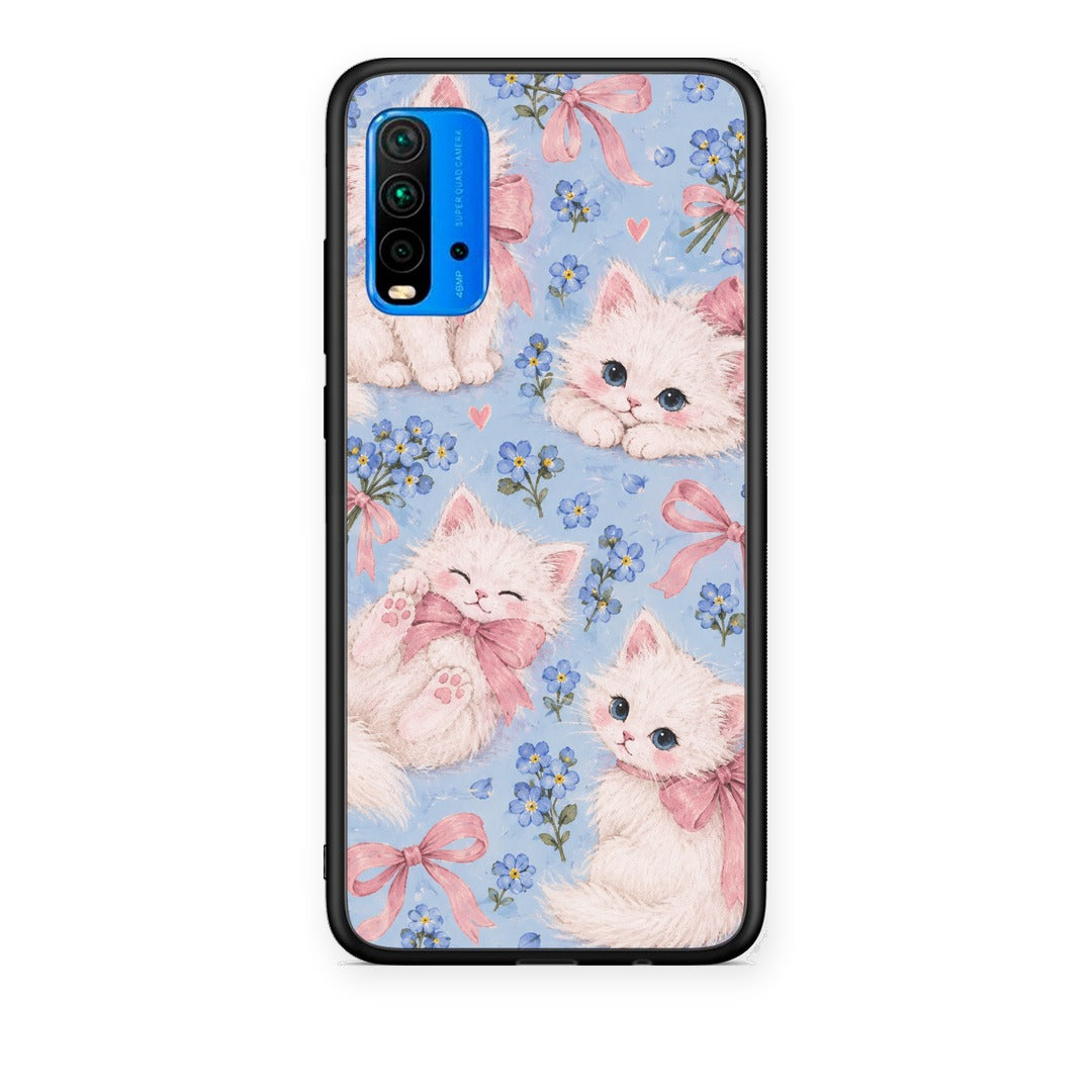 Θήκη Xiaomi Poco M3 White Kittens and Blue Flowers Large από τη Smartfits με σχέδιο στο πίσω μέρος και μαύρο περίβλημα | Xiaomi Poco M3 White Kittens and Blue Flowers Large case with colorful back and black bezels