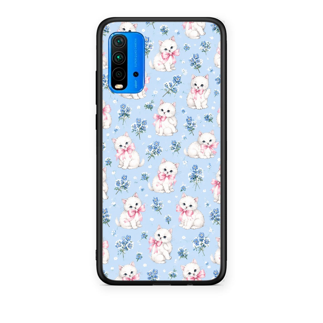 Θήκη Xiaomi Redmi 9T White Kittens and Blue Flowers Small από τη Smartfits με σχέδιο στο πίσω μέρος και μαύρο περίβλημα | Xiaomi Redmi 9T White Kittens and Blue Flowers Small case with colorful back and black bezels