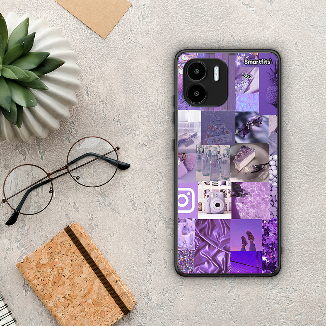 Θήκη Xiaomi Redmi A1 / A2 Purple Aesthetic Collage από τη Smartfits με σχέδιο στο πίσω μέρος και μαύρο περίβλημα | Xiaomi Redmi A1 / A2 Purple Aesthetic Collage Case with Colorful Back and Black Bezels