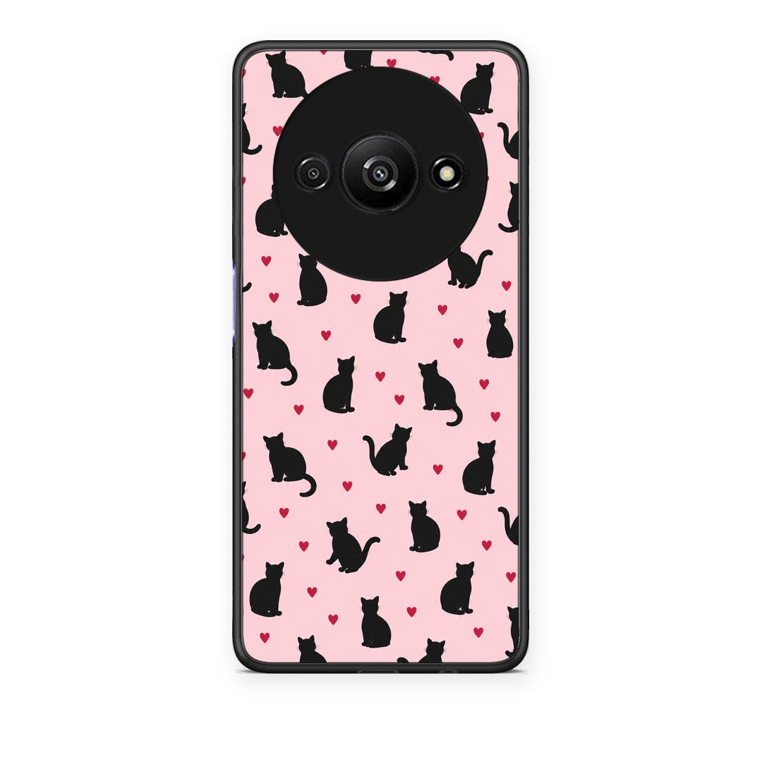 Θήκη Xiaomi Redmi A3 Black Cat Silhouettes and Hearts on Pink από τη Smartfits με σχέδιο στο πίσω μέρος και μαύρο περίβλημα | Xiaomi Redmi A3 Black Cat Silhouettes and Hearts on Pink case with colorful back and black bezels