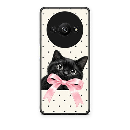 Θήκη Xiaomi Redmi A3 Black Kitten Pink Bow and Polka Dots από τη Smartfits με σχέδιο στο πίσω μέρος και μαύρο περίβλημα | Xiaomi Redmi A3 Black Kitten Pink Bow and Polka Dots case with colorful back and black bezels