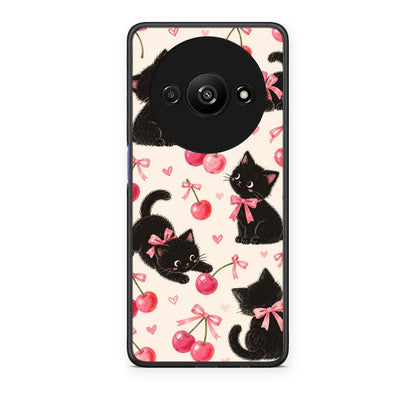 Θήκη Xiaomi Redmi A3 Black Kittens and Cherries on Cream από τη Smartfits με σχέδιο στο πίσω μέρος και μαύρο περίβλημα | Xiaomi Redmi A3 Black Kittens and Cherries on Cream case with colorful back and black bezels