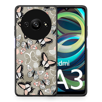 Θήκη Xiaomi Redmi A3 Butterflies Boho από τη Smartfits με σχέδιο στο πίσω μέρος και μαύρο περίβλημα | Xiaomi Redmi A3 Butterflies Boho case with colorful back and black bezels