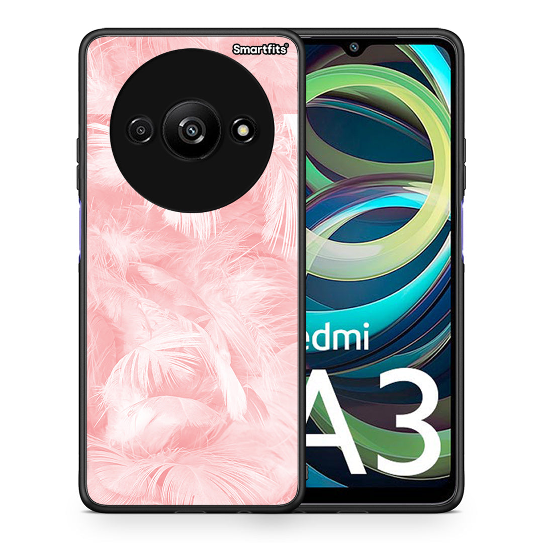 Θήκη Xiaomi Redmi A3 Pink Feather Boho από τη Smartfits με σχέδιο στο πίσω μέρος και μαύρο περίβλημα | Xiaomi Redmi A3 Pink Feather Boho case with colorful back and black bezels