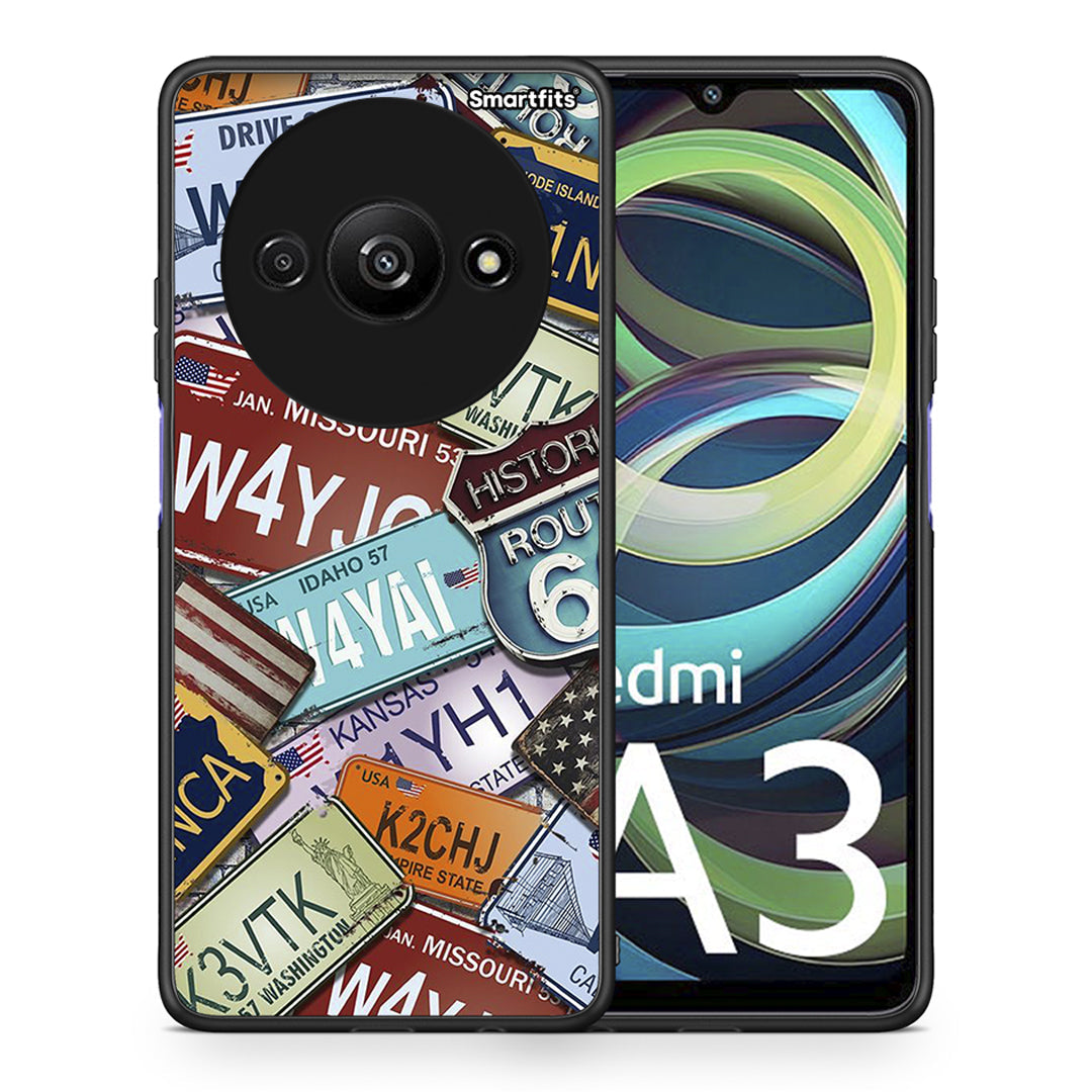 Θήκη Xiaomi Redmi A3 Car Plates από τη Smartfits με σχέδιο στο πίσω μέρος και μαύρο περίβλημα | Xiaomi Redmi A3 Car Plates case with colorful back and black bezels