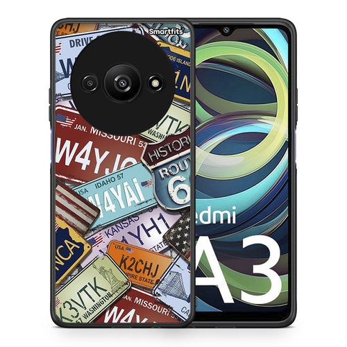 Θήκη Xiaomi Redmi A3 Car Plates από τη Smartfits με σχέδιο στο πίσω μέρος και μαύρο περίβλημα | Xiaomi Redmi A3 Car Plates case with colorful back and black bezels