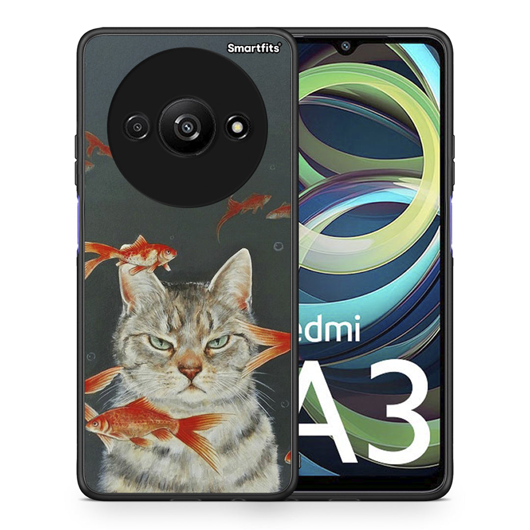 Θήκη Xiaomi Redmi A3 Cat Goldfish από τη Smartfits με σχέδιο στο πίσω μέρος και μαύρο περίβλημα | Xiaomi Redmi A3 Cat Goldfish case with colorful back and black bezels