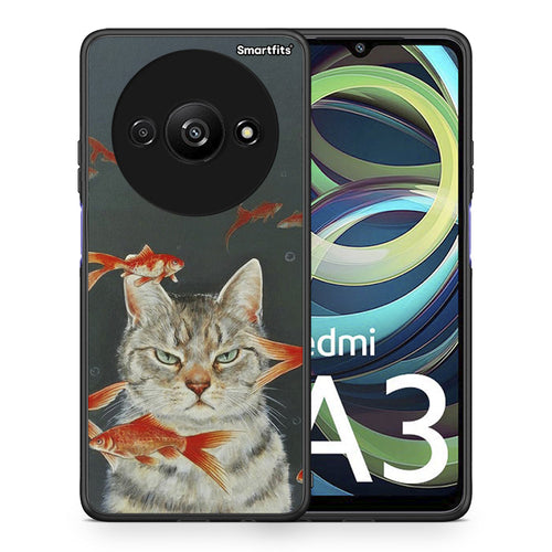 Θήκη Xiaomi Redmi A3 Cat Goldfish από τη Smartfits με σχέδιο στο πίσω μέρος και μαύρο περίβλημα | Xiaomi Redmi A3 Cat Goldfish case with colorful back and black bezels
