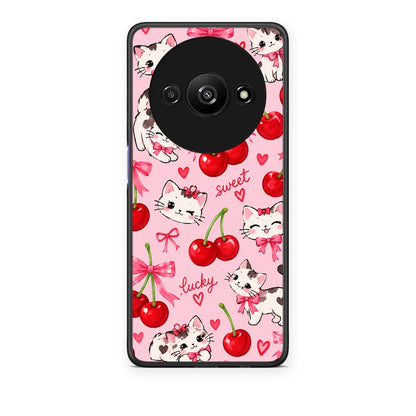 Θήκη Xiaomi Redmi A3 Cherries Bows and Kittens on Pink από τη Smartfits με σχέδιο στο πίσω μέρος και μαύρο περίβλημα | Xiaomi Redmi A3 Cherries Bows and Kittens on Pink case with colorful back and black bezels