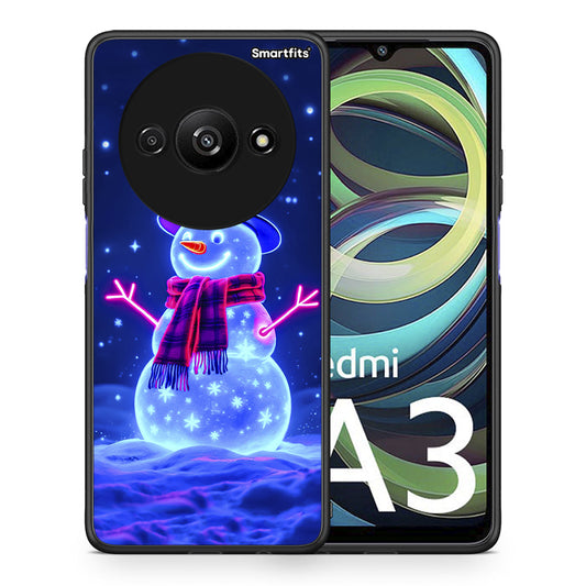 Θήκη Xiaomi Redmi A3 Christmas Neon Snowman από τη Smartfits με σχέδιο στο πίσω μέρος και μαύρο περίβλημα | Xiaomi Redmi A3 Christmas Neon Snowman case with colorful back and black bezels