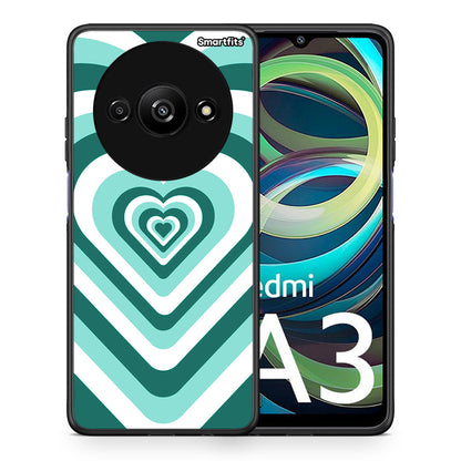 Θήκη Xiaomi Redmi A3 Green Hearts από τη Smartfits με σχέδιο στο πίσω μέρος και μαύρο περίβλημα | Xiaomi Redmi A3 Green Hearts case with colorful back and black bezels