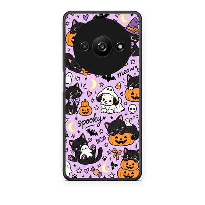Θήκη Xiaomi Redmi A3 Halloween Black Cats on Lilac από τη Smartfits με σχέδιο στο πίσω μέρος και μαύρο περίβλημα | Xiaomi Redmi A3 Halloween Black Cats on Lilac case with colorful back and black bezels