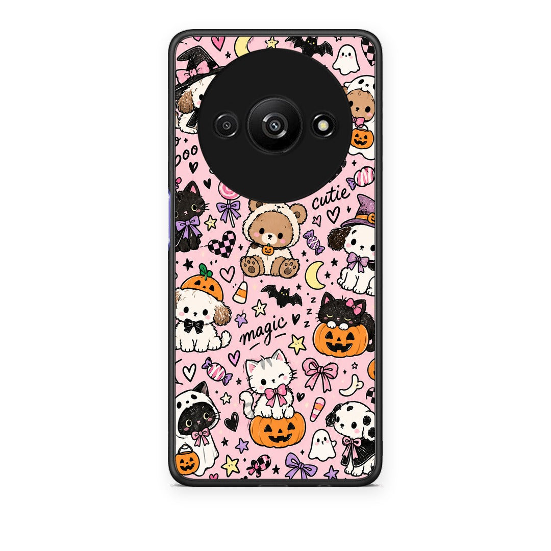 Θήκη Xiaomi Redmi A3 Halloween Cute Animals on Pink από τη Smartfits με σχέδιο στο πίσω μέρος και μαύρο περίβλημα | Xiaomi Redmi A3 Halloween Cute Animals on Pink case with colorful back and black bezels
