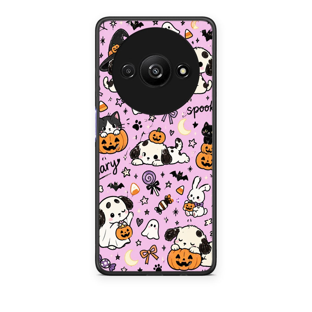 Θήκη Xiaomi Redmi A3 Halloween Puppies and Friends on Lilac από τη Smartfits με σχέδιο στο πίσω μέρος και μαύρο περίβλημα | Xiaomi Redmi A3 Halloween Puppies and Friends on Lilac case with colorful back and black bezels