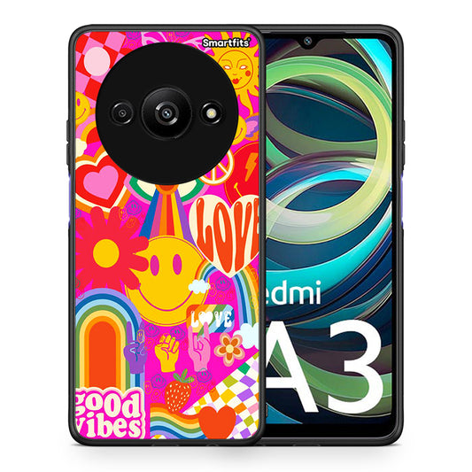 Θήκη Xiaomi Redmi A3 Hippie Love από τη Smartfits με σχέδιο στο πίσω μέρος και μαύρο περίβλημα | Xiaomi Redmi A3 Hippie Love case with colorful back and black bezels