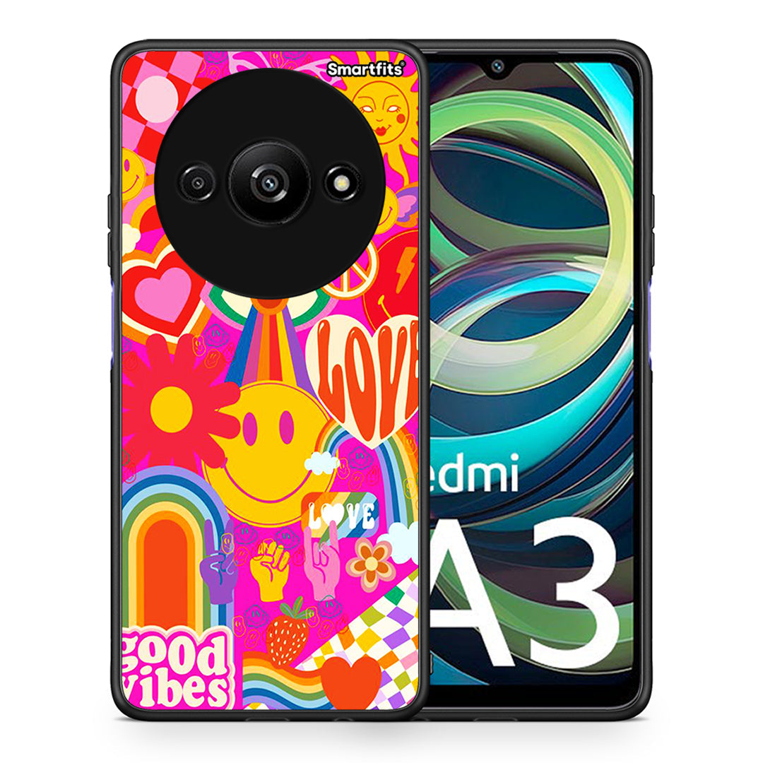 Θήκη Xiaomi Redmi A3 Hippie Love από τη Smartfits με σχέδιο στο πίσω μέρος και μαύρο περίβλημα | Xiaomi Redmi A3 Hippie Love case with colorful back and black bezels