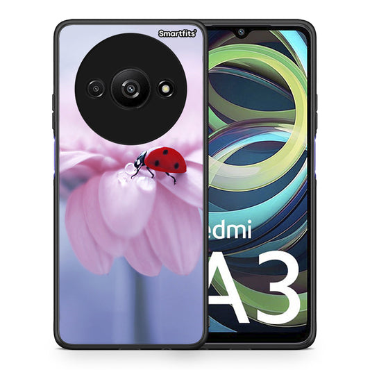 Θήκη Xiaomi Redmi A3 Ladybug Flower από τη Smartfits με σχέδιο στο πίσω μέρος και μαύρο περίβλημα | Xiaomi Redmi A3 Ladybug Flower case with colorful back and black bezels