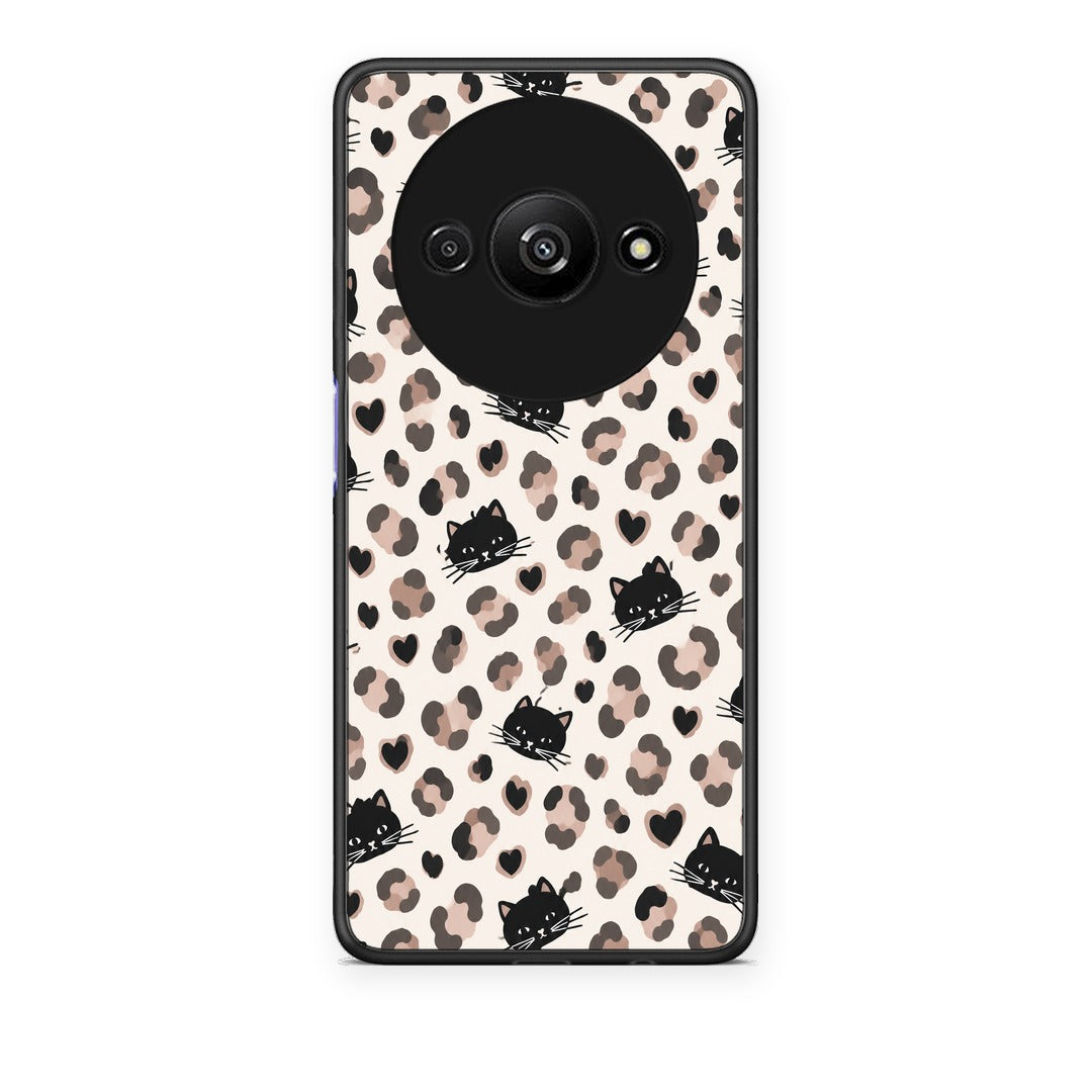 Θήκη Xiaomi Redmi A3 Leopard Spots and Black Cats on Cream από τη Smartfits με σχέδιο στο πίσω μέρος και μαύρο περίβλημα | Xiaomi Redmi A3 Leopard Spots and Black Cats on Cream case with colorful back and black bezels