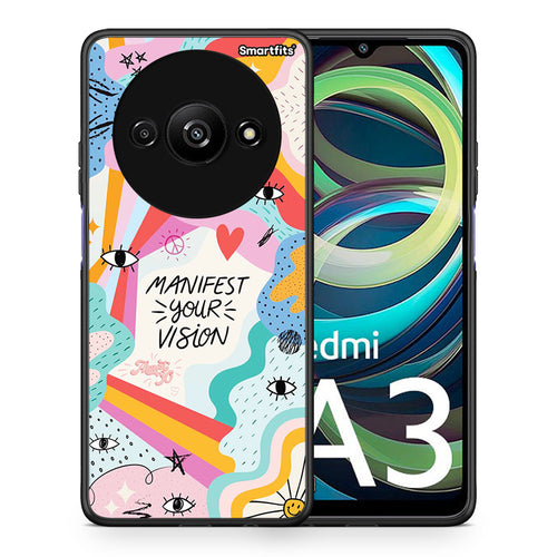 Θήκη Xiaomi Redmi A3 Manifest Your Vision από τη Smartfits με σχέδιο στο πίσω μέρος και μαύρο περίβλημα | Xiaomi Redmi A3 Manifest Your Vision case with colorful back and black bezels