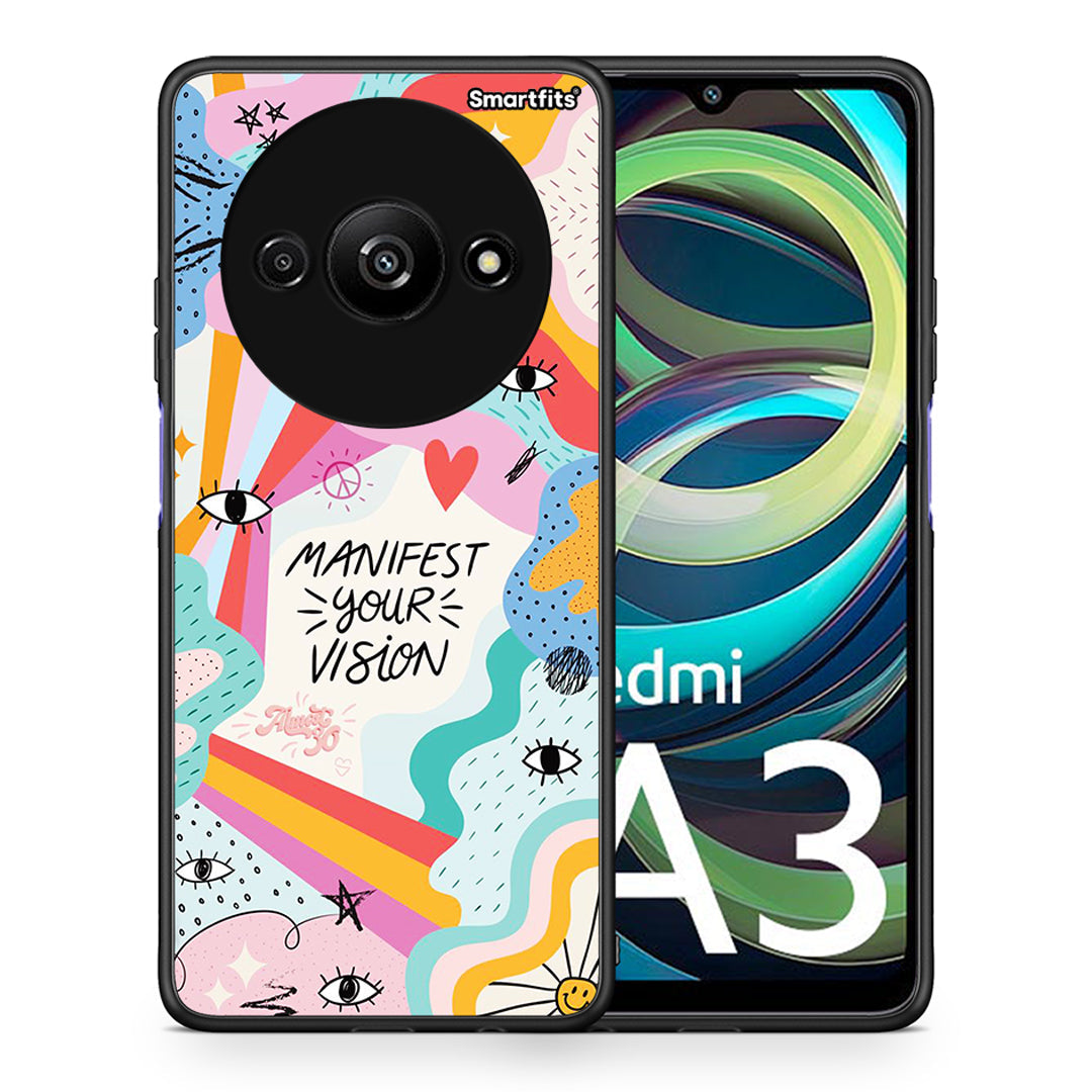 Θήκη Xiaomi Redmi A3 Manifest Your Vision από τη Smartfits με σχέδιο στο πίσω μέρος και μαύρο περίβλημα | Xiaomi Redmi A3 Manifest Your Vision case with colorful back and black bezels