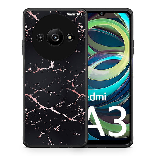 Θήκη Xiaomi Redmi A3 Black Rosegold Marble από τη Smartfits με σχέδιο στο πίσω μέρος και μαύρο περίβλημα | Xiaomi Redmi A3 Black Rosegold Marble case with colorful back and black bezels