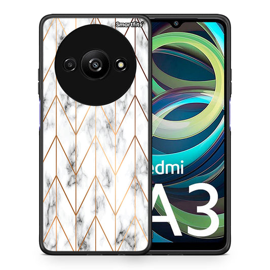 Θήκη Xiaomi Redmi A3 Gold Geometric Marble από τη Smartfits με σχέδιο στο πίσω μέρος και μαύρο περίβλημα | Xiaomi Redmi A3 Gold Geometric Marble case with colorful back and black bezels