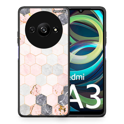 Θήκη Xiaomi Redmi A3 Hexagon Pink Marble από τη Smartfits με σχέδιο στο πίσω μέρος και μαύρο περίβλημα | Xiaomi Redmi A3 Hexagon Pink Marble case with colorful back and black bezels