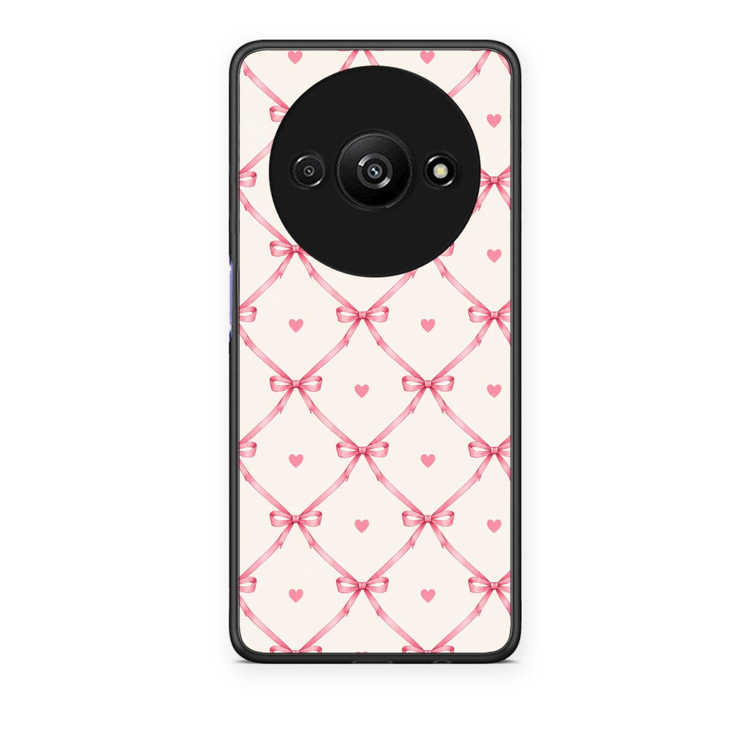 Θήκη Xiaomi Redmi A3 Pink Bow Lattice and Hearts on Cream από τη Smartfits με σχέδιο στο πίσω μέρος και μαύρο περίβλημα | Xiaomi Redmi A3 Pink Bow Lattice and Hearts on Cream case with colorful back and black bezels