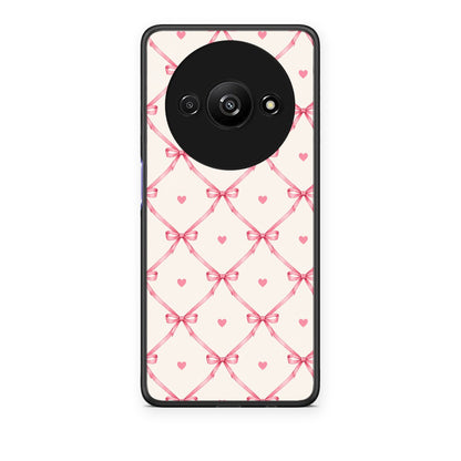Θήκη Xiaomi Redmi A3 Pink Bow Lattice and Hearts on Cream από τη Smartfits με σχέδιο στο πίσω μέρος και μαύρο περίβλημα | Xiaomi Redmi A3 Pink Bow Lattice and Hearts on Cream case with colorful back and black bezels