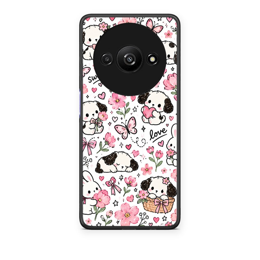 Θήκη Xiaomi Redmi A3 Pink Florals Puppies and Bunnies on White από τη Smartfits με σχέδιο στο πίσω μέρος και μαύρο περίβλημα | Xiaomi Redmi A3 Pink Florals Puppies and Bunnies on White case with colorful back and black bezels