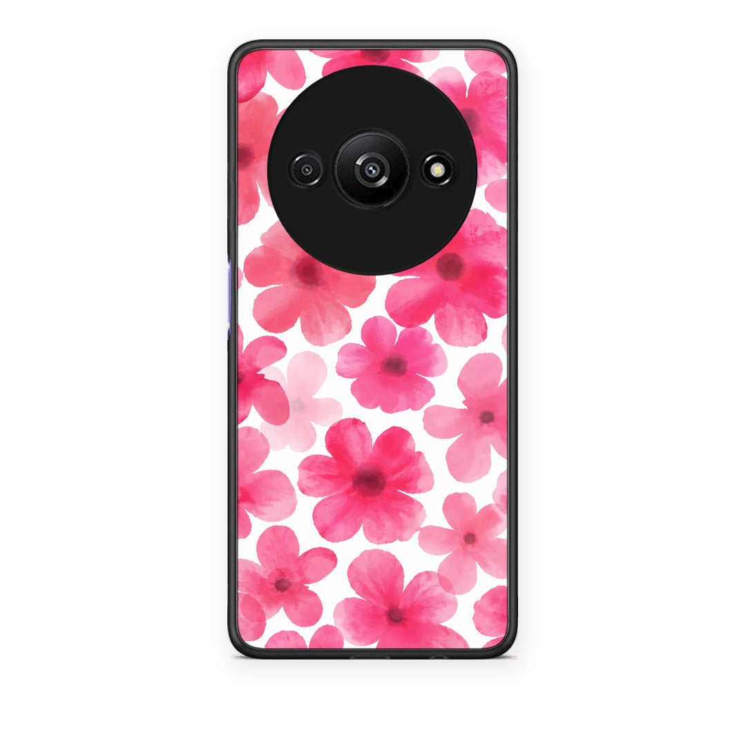 Θήκη Xiaomi Redmi A3 Pink Watercolour Flowers on White από τη Smartfits με σχέδιο στο πίσω μέρος και μαύρο περίβλημα | Xiaomi Redmi A3 Pink Watercolour Flowers on White case with colorful back and black bezels