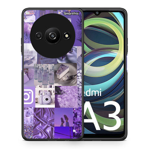 Θήκη Xiaomi Redmi A3 Purple Aesthetic Collage από τη Smartfits με σχέδιο στο πίσω μέρος και μαύρο περίβλημα | Xiaomi Redmi A3 Purple Aesthetic Collage case with colorful back and black bezels