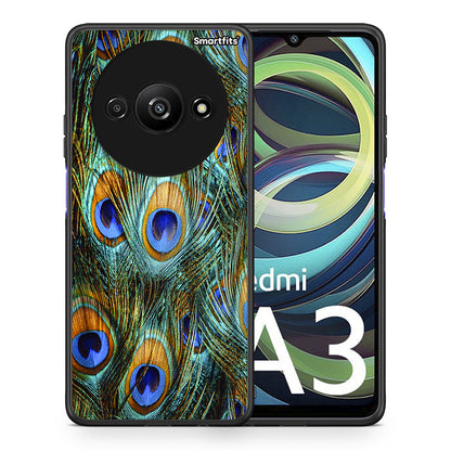 Θήκη Xiaomi Redmi A3 Real Peacock Feathers από τη Smartfits με σχέδιο στο πίσω μέρος και μαύρο περίβλημα | Xiaomi Redmi A3 Real Peacock Feathers case with colorful back and black bezels