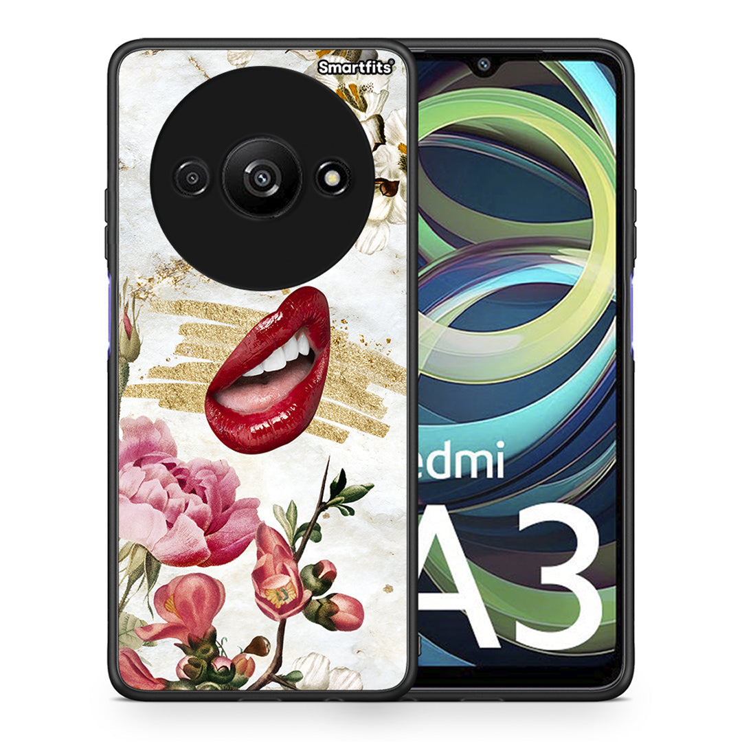 Θήκη Xiaomi Redmi A3 Red Lips από τη Smartfits με σχέδιο στο πίσω μέρος και μαύρο περίβλημα | Xiaomi Redmi A3 Red Lips case with colorful back and black bezels