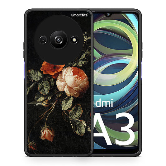 Θήκη Xiaomi Redmi A3 Vintage Roses από τη Smartfits με σχέδιο στο πίσω μέρος και μαύρο περίβλημα | Xiaomi Redmi A3 Vintage Roses case with colorful back and black bezels
