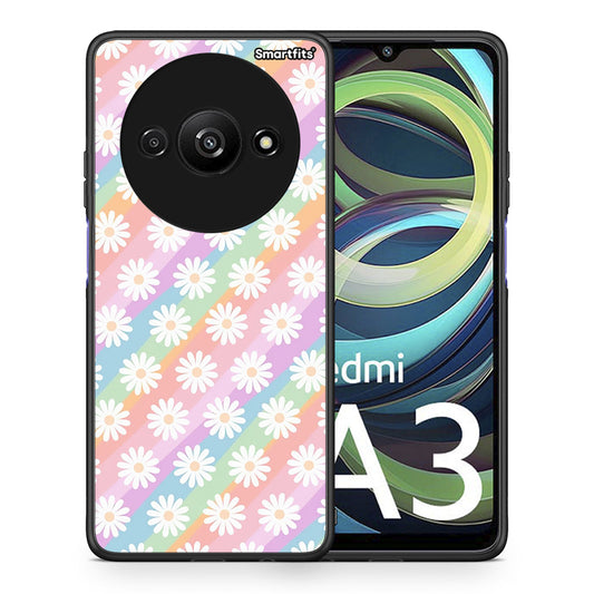 Θήκη Xiaomi Redmi A3 White Daisies από τη Smartfits με σχέδιο στο πίσω μέρος και μαύρο περίβλημα | Xiaomi Redmi A3 White Daisies case with colorful back and black bezels