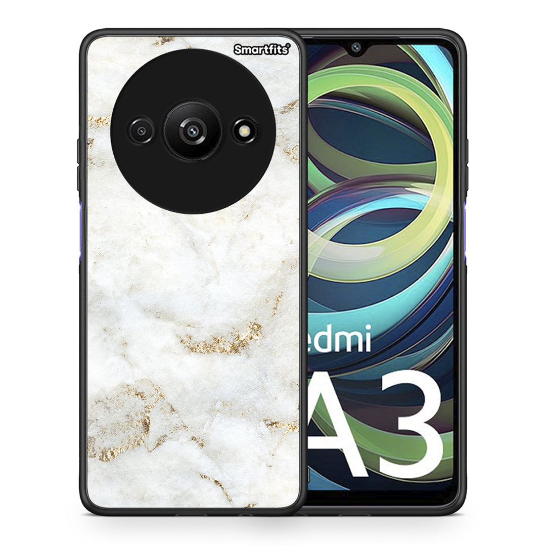 Θήκη Xiaomi Redmi A3 White Gold Marble από τη Smartfits με σχέδιο στο πίσω μέρος και μαύρο περίβλημα | Xiaomi Redmi A3 White Gold Marble case with colorful back and black bezels