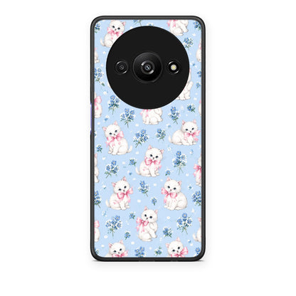 Θήκη Xiaomi Redmi A3 White Kittens and Blue Flowers Small από τη Smartfits με σχέδιο στο πίσω μέρος και μαύρο περίβλημα | Xiaomi Redmi A3 White Kittens and Blue Flowers Small case with colorful back and black bezels