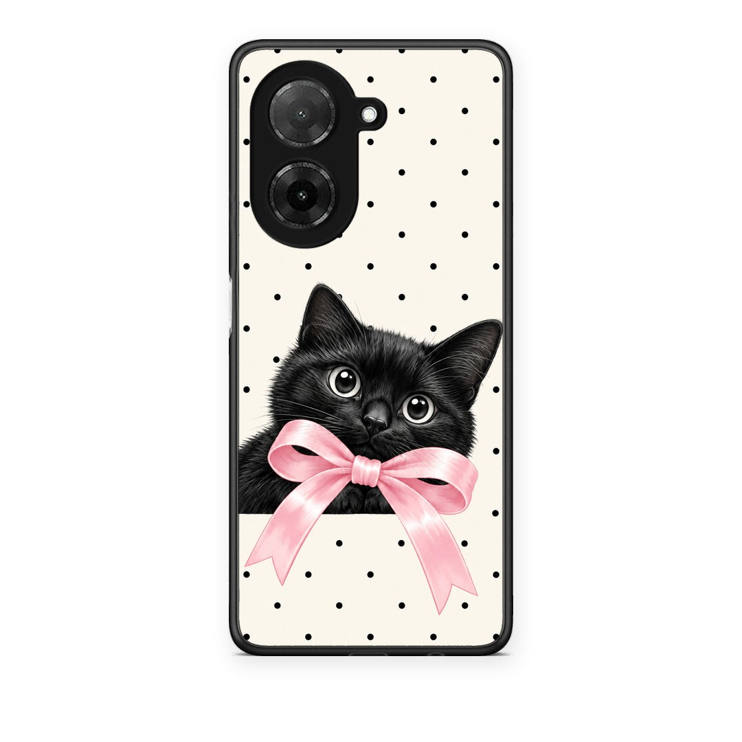 Θήκη Xiaomi Redmi A5 Black Kitten Pink Bow and Polka Dots από τη Smartfits με σχέδιο στο πίσω μέρος και μαύρο περίβλημα | Xiaomi Redmi A5 Black Kitten Pink Bow and Polka Dots case with colorful back and black bezels